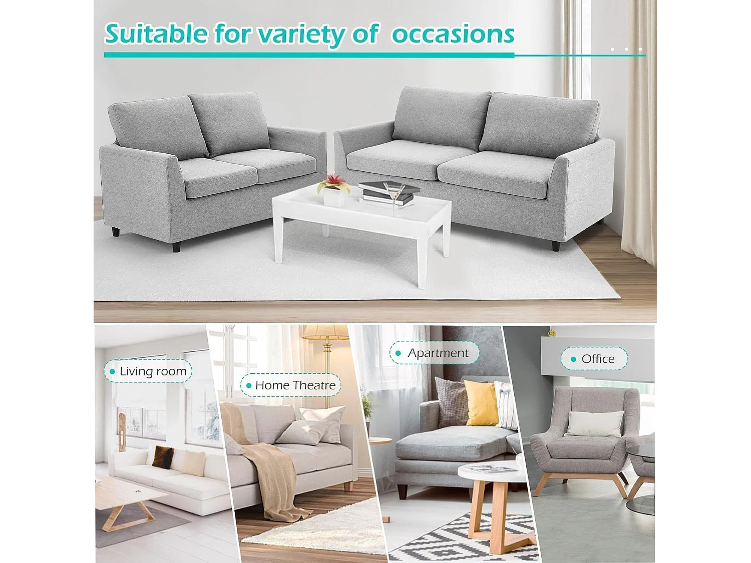 YODOLLA 2-Sitzer Sofa mit abnehmbaren Bezügen, moderne Couch für Wohnzimmer. Ideal für kleine Räume, Hellgrau