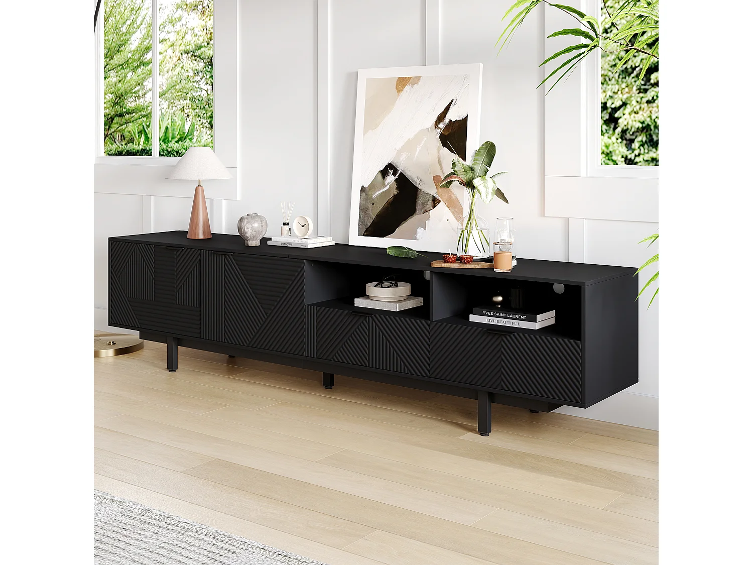 Móvel de TV baixo com 2 portas e 2 gavetas, 2 compartimentos e pés de metal, 200 x 40 x 51 cm, preto