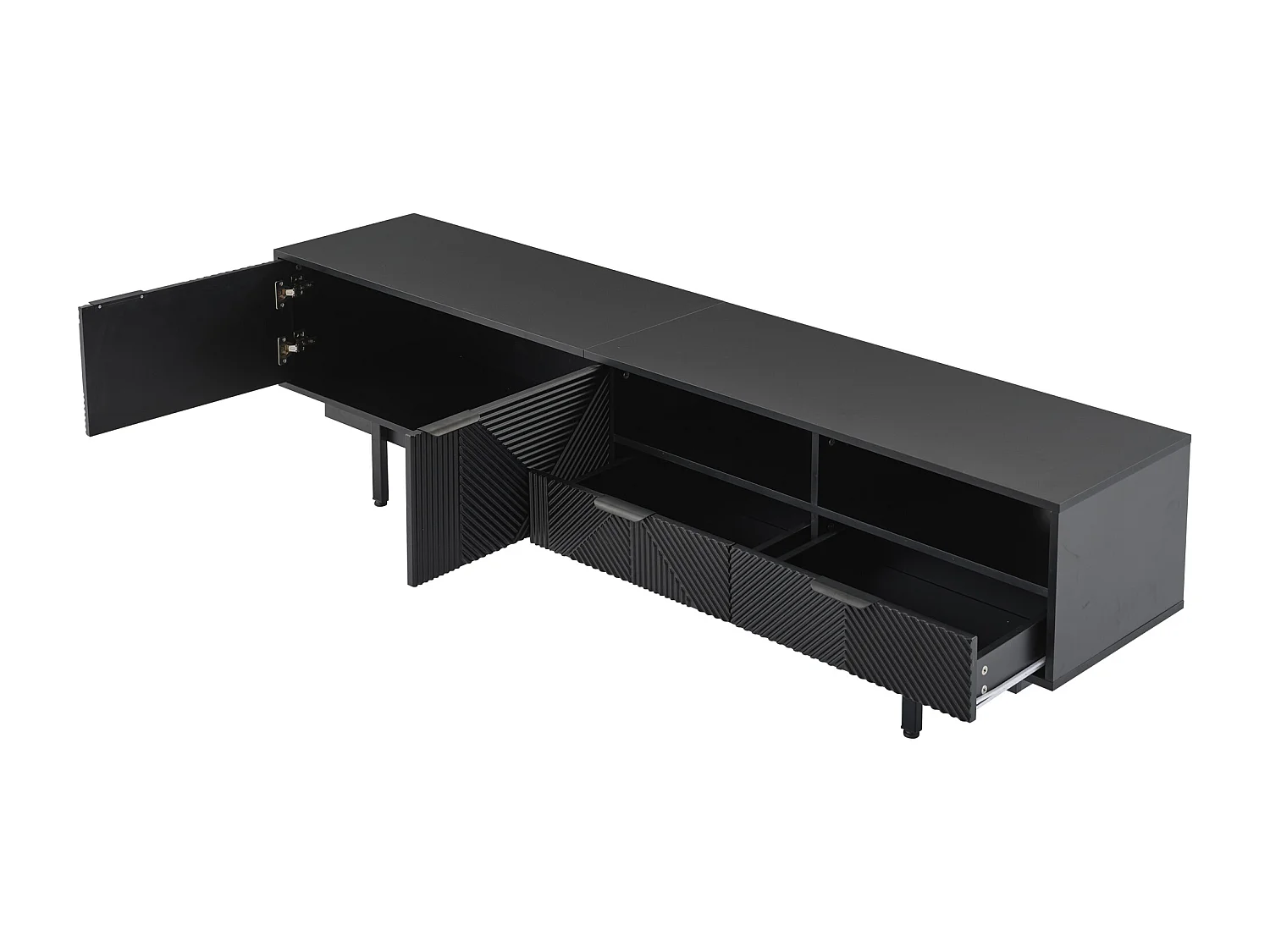 Móvel de TV baixo com 2 portas e 2 gavetas, 2 compartimentos e pés de metal, 200 x 40 x 51 cm, preto