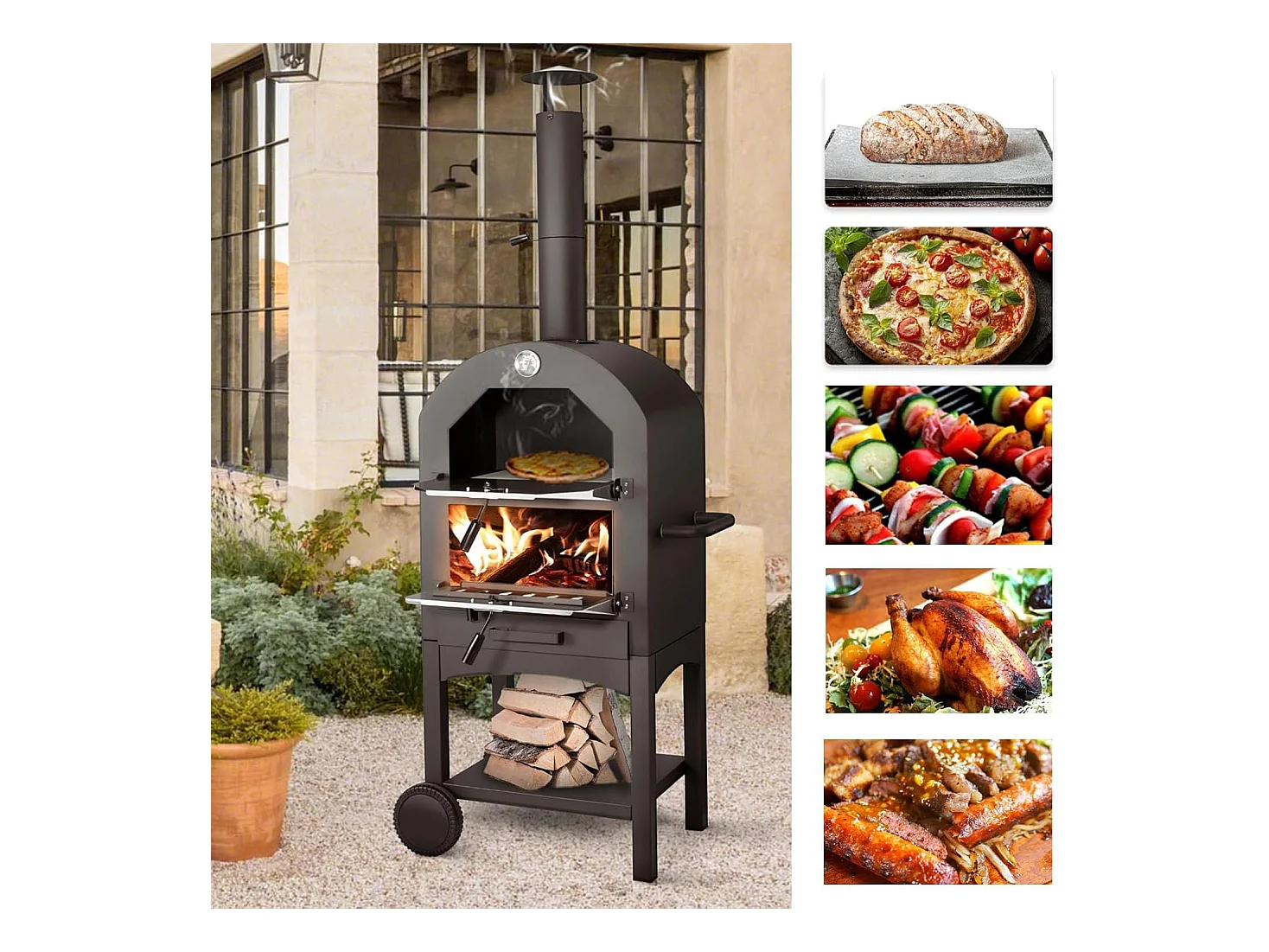 YODOLLA Outdoor Pizzaofen holzbefeuerter Pizzabäcker mit Pizzastein, Gartengrill mit Rädern für draußen Camping & Hinterhofparty
