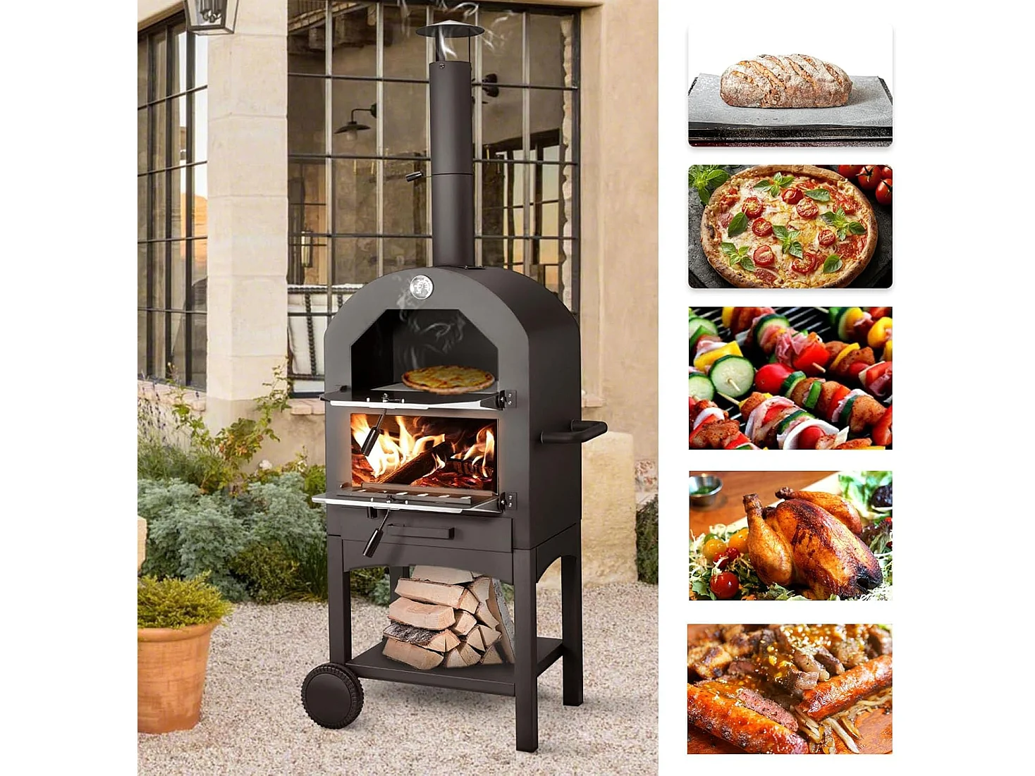 YODOLLA Outdoor Pizzaofen holzbefeuerter Pizzabäcker mit Pizzastein, Gartengrill mit Rädern für draußen Camping & Hinterhofparty