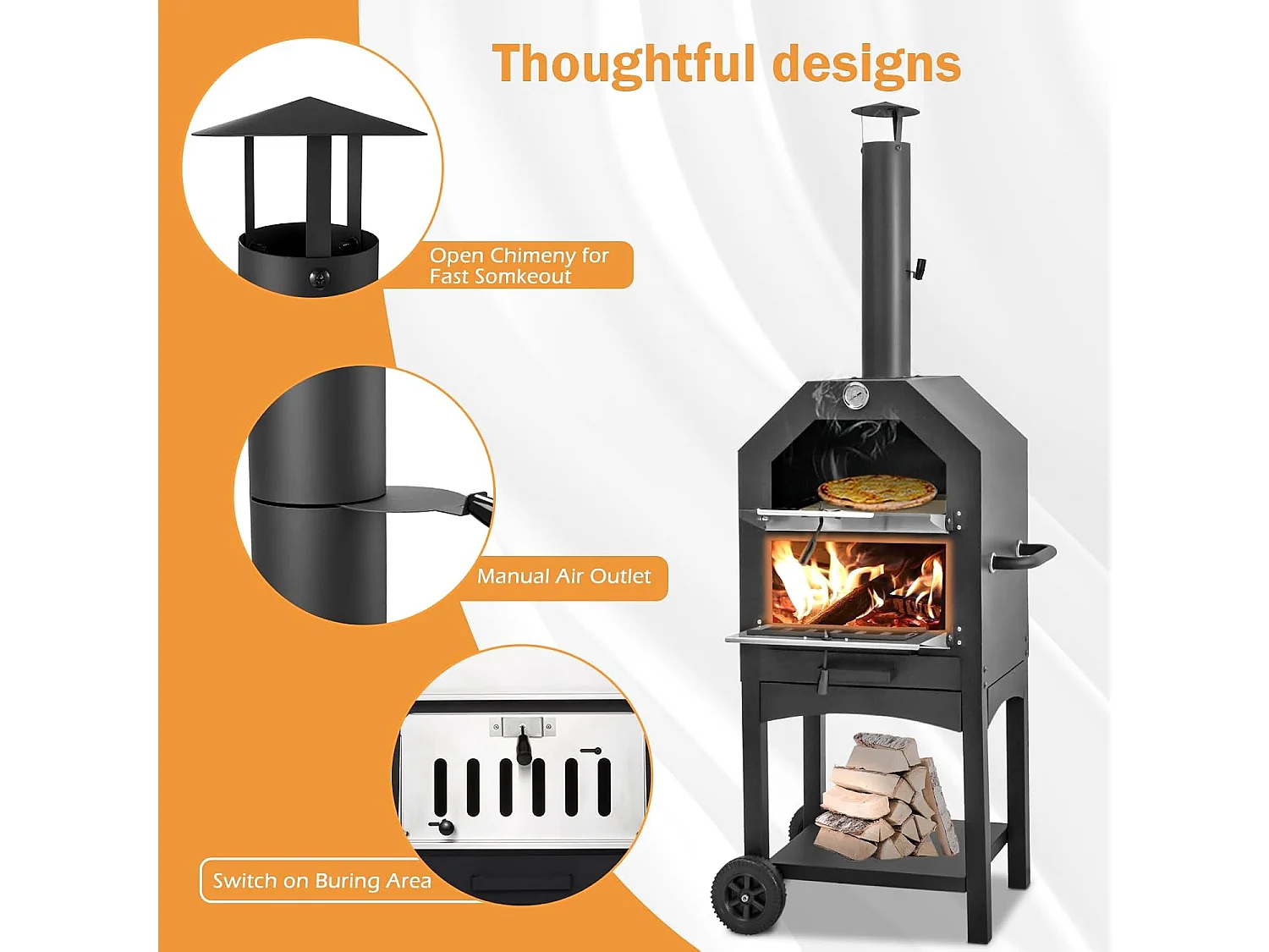 YODOLLA Outdoor Pizzaofen holzbefeuerter Pizzabäcker mit Pizzastein, Gartengrill mit Rädern für draußen Camping & Hinterhofparty