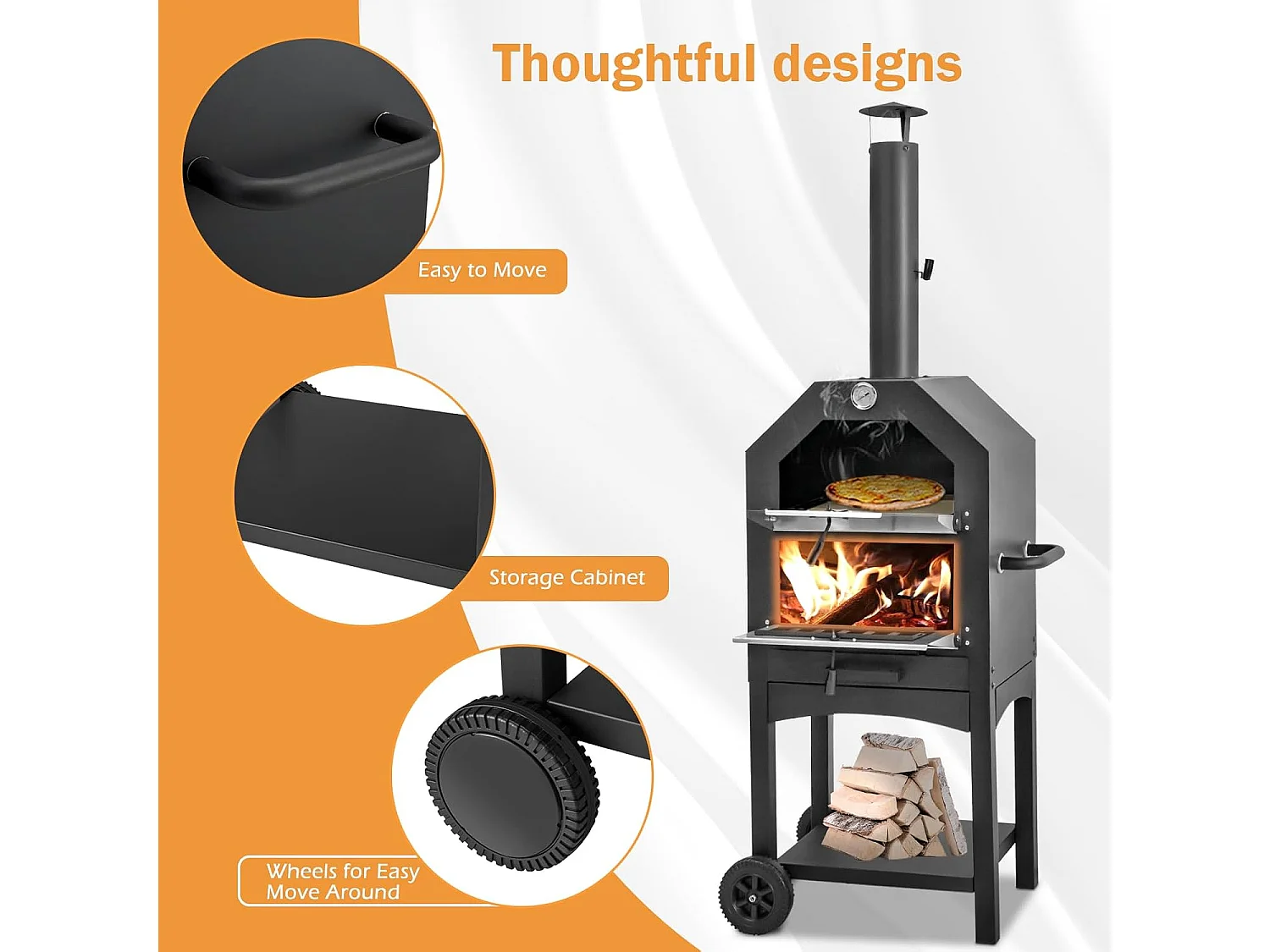 YODOLLA Outdoor Pizzaofen holzbefeuerter Pizzabäcker mit Pizzastein, Gartengrill mit Rädern für draußen Camping & Hinterhofparty