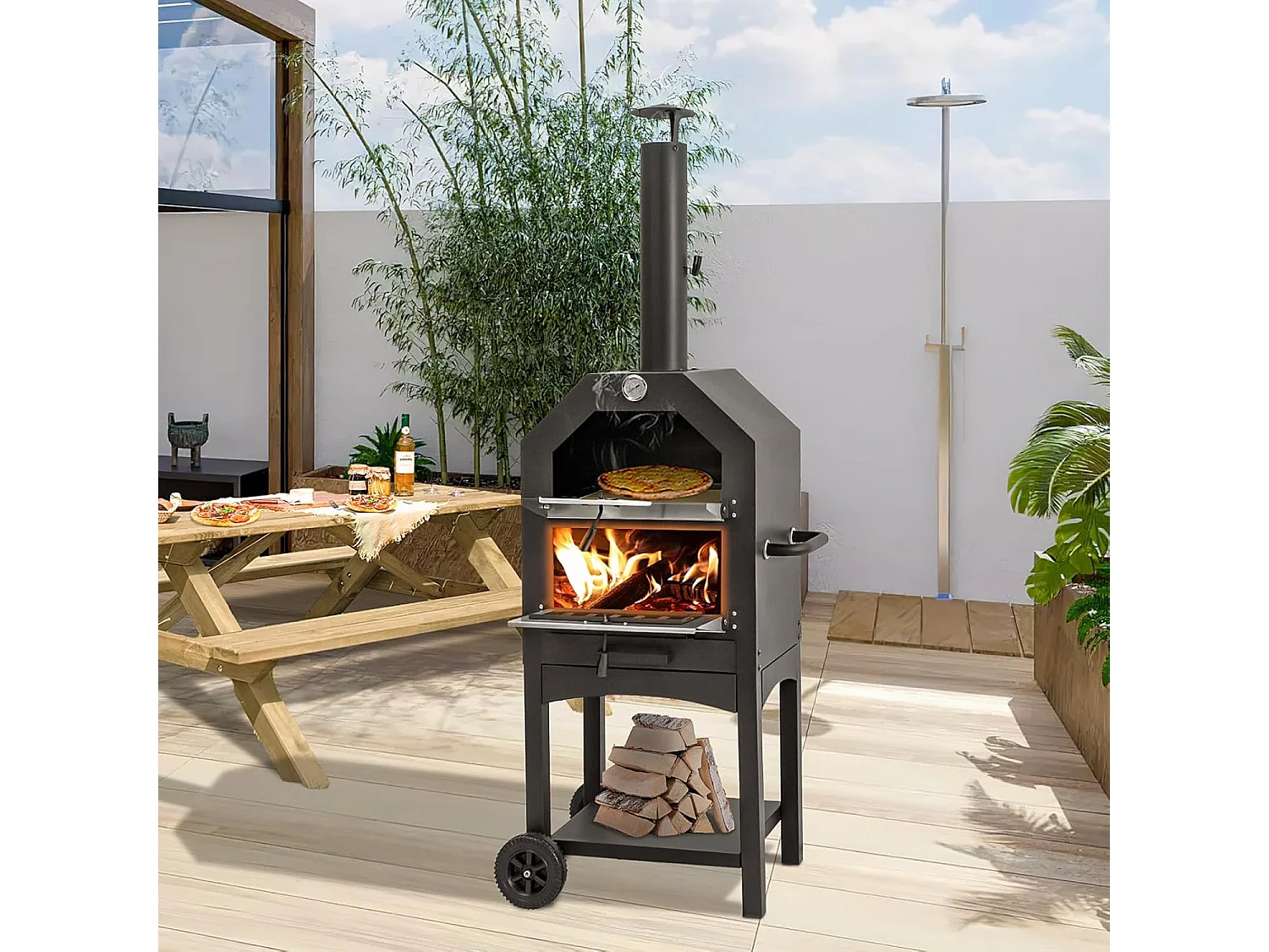 YODOLLA Outdoor Pizzaofen holzbefeuerter Pizzabäcker mit Pizzastein, Gartengrill mit Rädern für draußen Camping & Hinterhofparty