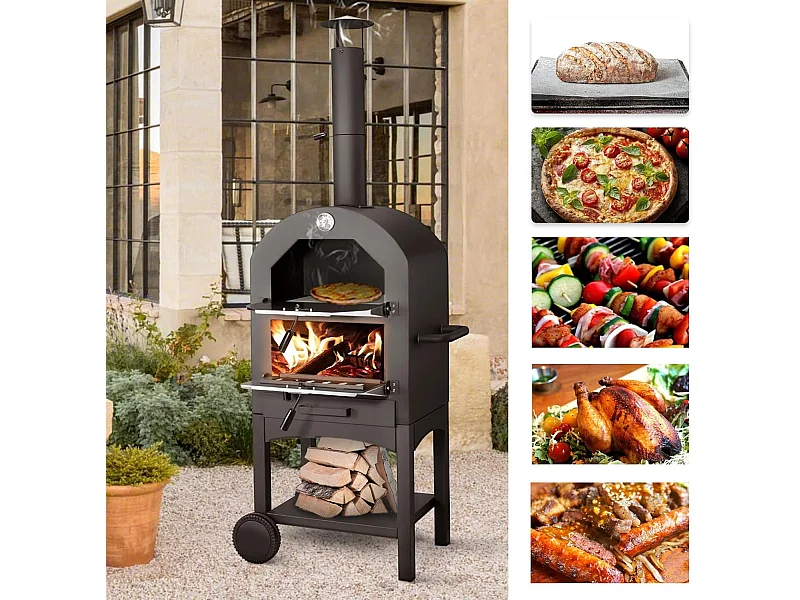 YODOLLA Outdoor Pizzaofen holzbefeuerter Pizzabäcker mit Pizzastein, Gartengrill mit Rädern für draußen Camping & Hinterhofparty