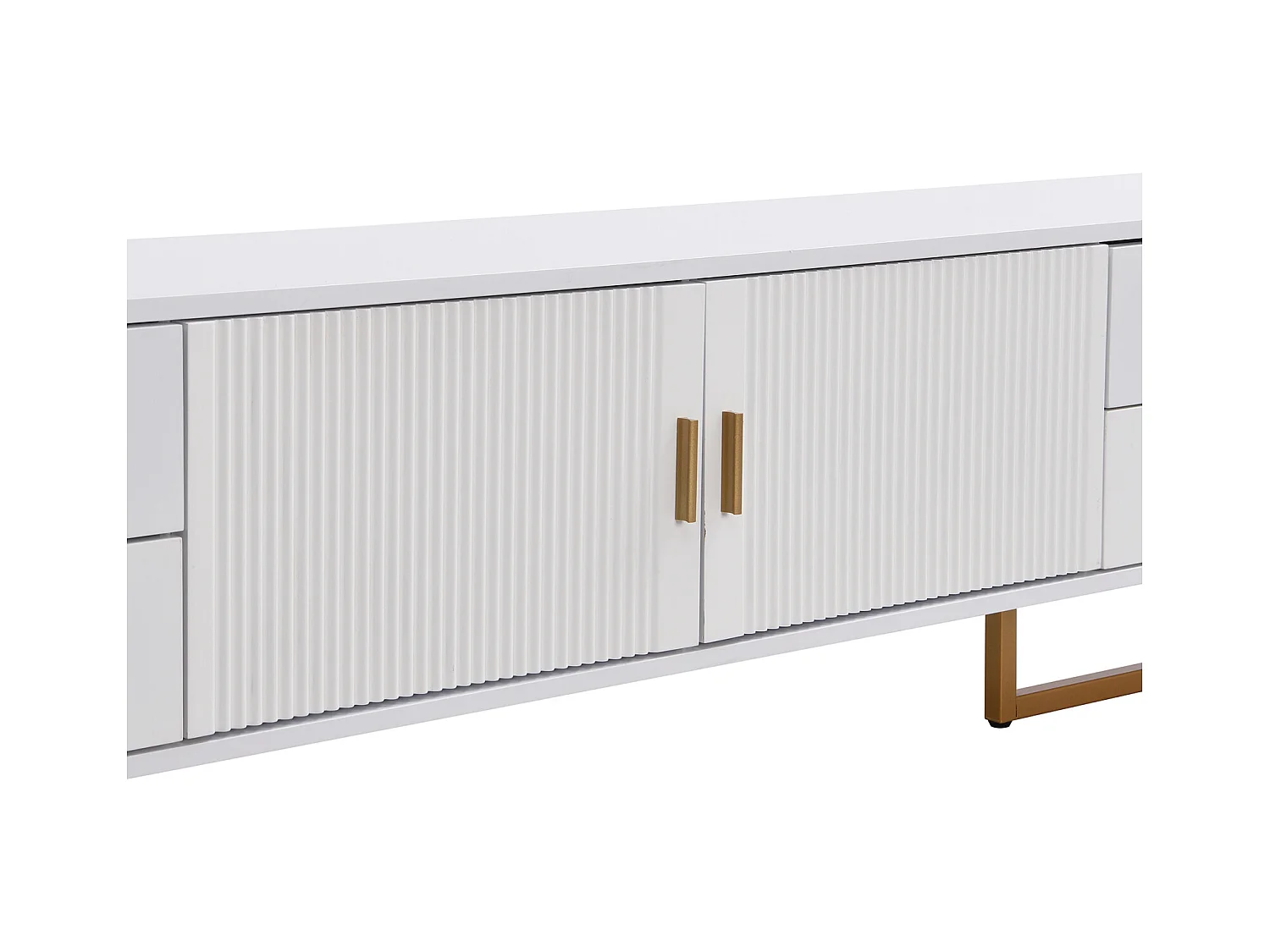 Mueble TV bajo de 175 cm de largo con 4 cajones y puertas, mueble TV con patas de metal dorado, Color Blanco