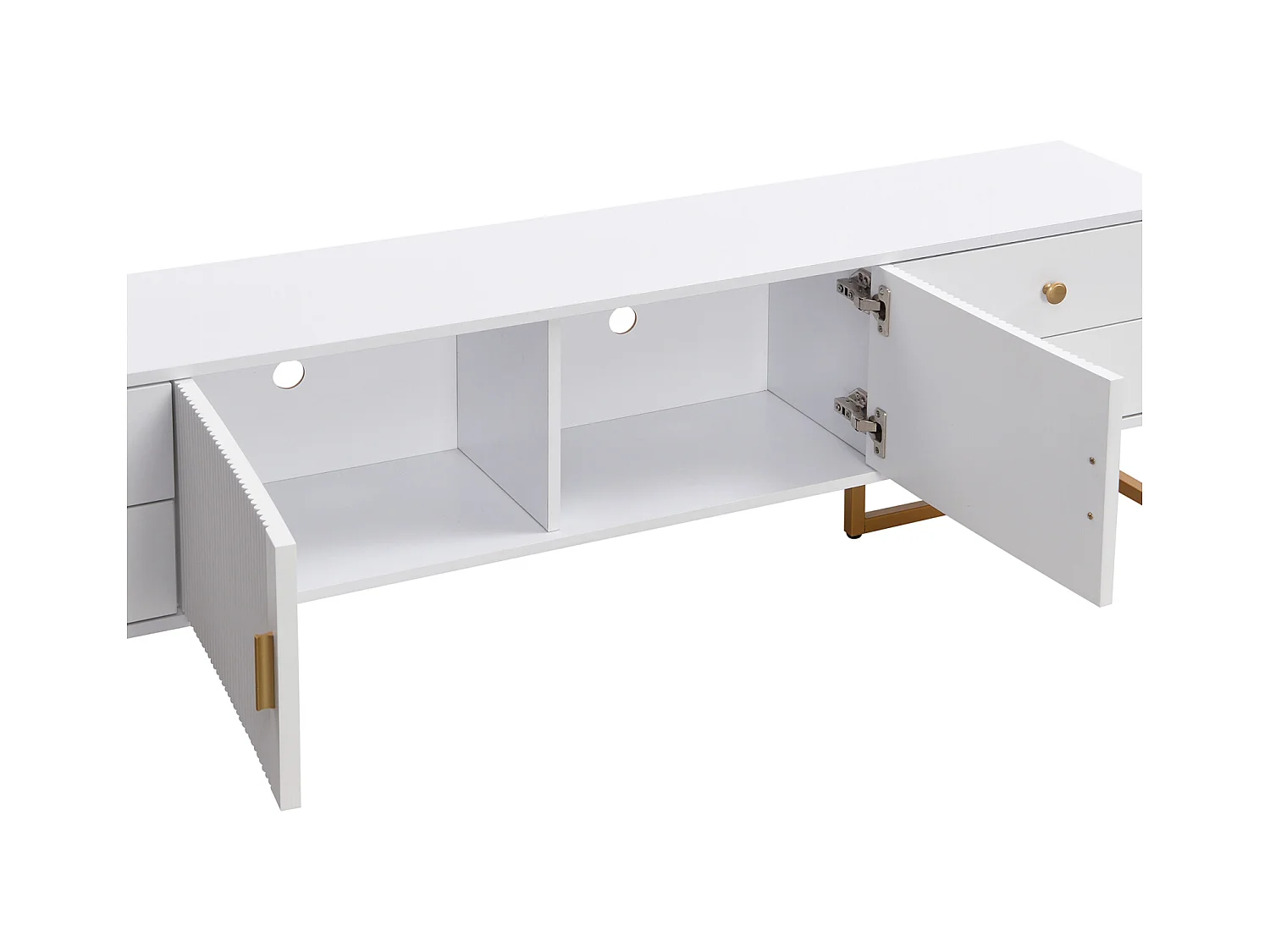 Mueble TV bajo de 175 cm de largo con 4 cajones y puertas, mueble TV con patas de metal dorado, Color Blanco