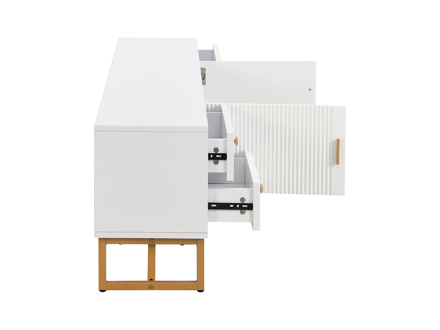 Mueble TV bajo de 175 cm de largo con 4 cajones y puertas, mueble TV con patas de metal dorado, Color Blanco