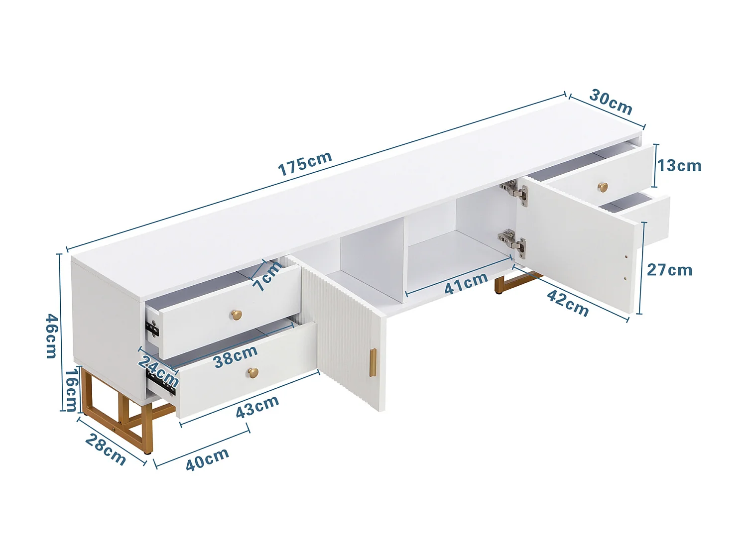 Móvel de TV com armazenamento, 2 portas e 4 gavetas, Móvel de TV baixo, Pés e puxadores dourados, Branco