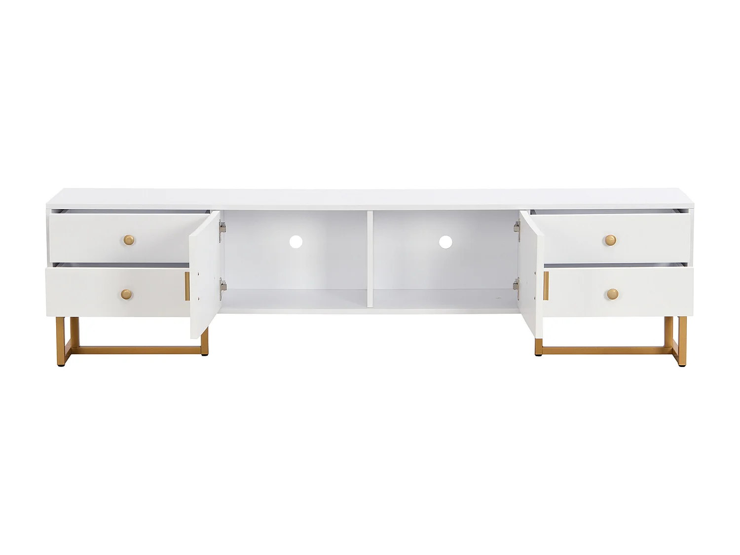 Móvel de TV com armazenamento, 2 portas e 4 gavetas, Móvel de TV baixo, Pés e puxadores dourados, Branco