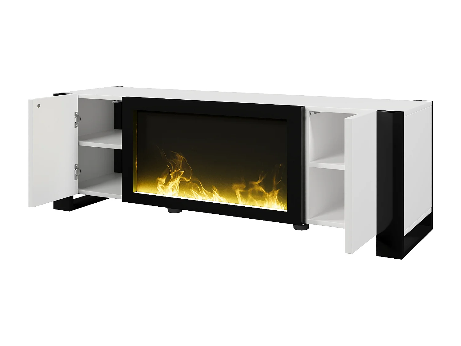 Meuble TV, Lowboard avec Effet de Flamme de cheminée électrique, Pas de Fonction de Chauffage, Blanc