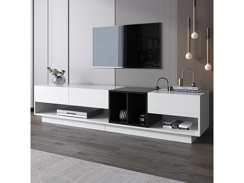 Mueble TV bajo, con 3 cajones, mueble TV para salón, comedor, 190 x 40 x 34 cm, blanco y negro