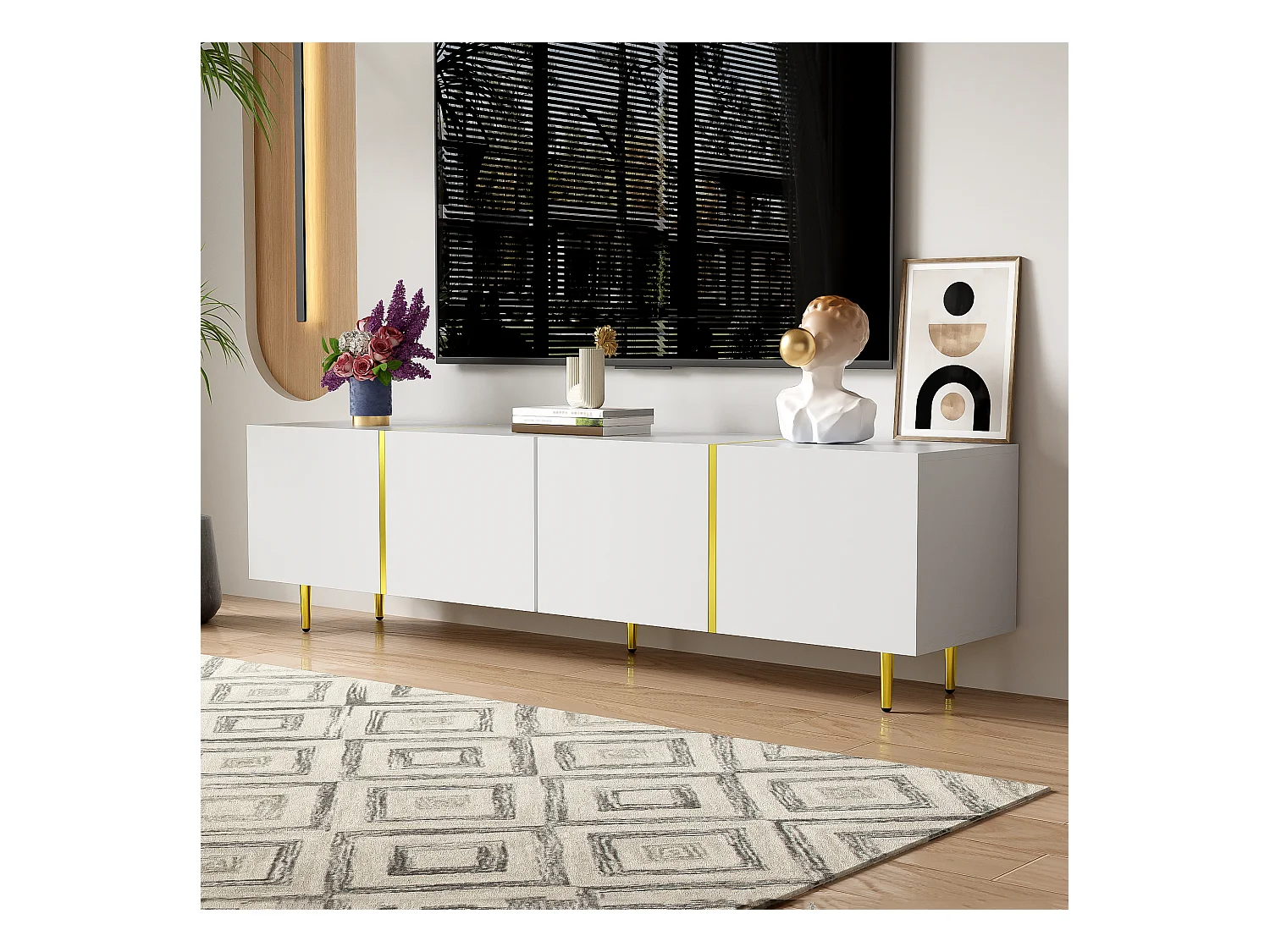 Meuble TV Blanc, Banc TV avec 4 Portes, Meuble Télé de Salon avec Lignes Dorées, 170x35x46cm