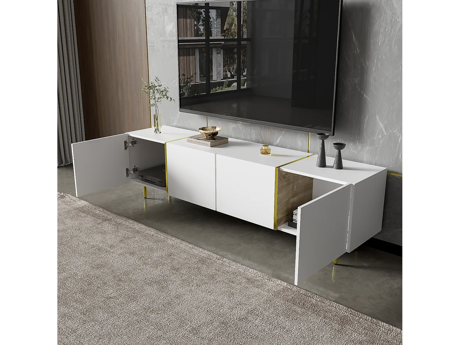 Meuble TV Blanc, Banc TV avec 4 Portes, Meuble Télé de Salon avec Lignes Dorées, 170x35x46cm