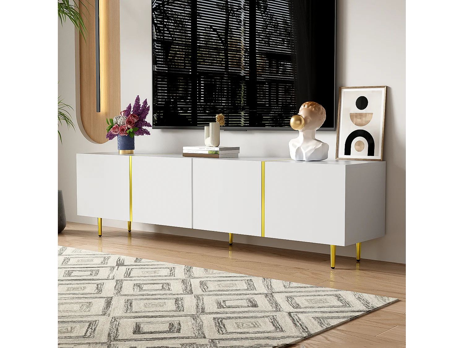 Witte tv-standaard, tv-meubel met 4 deuren, tv-meubel voor de woonkamer met gouden accenten, 170x35x46cm
