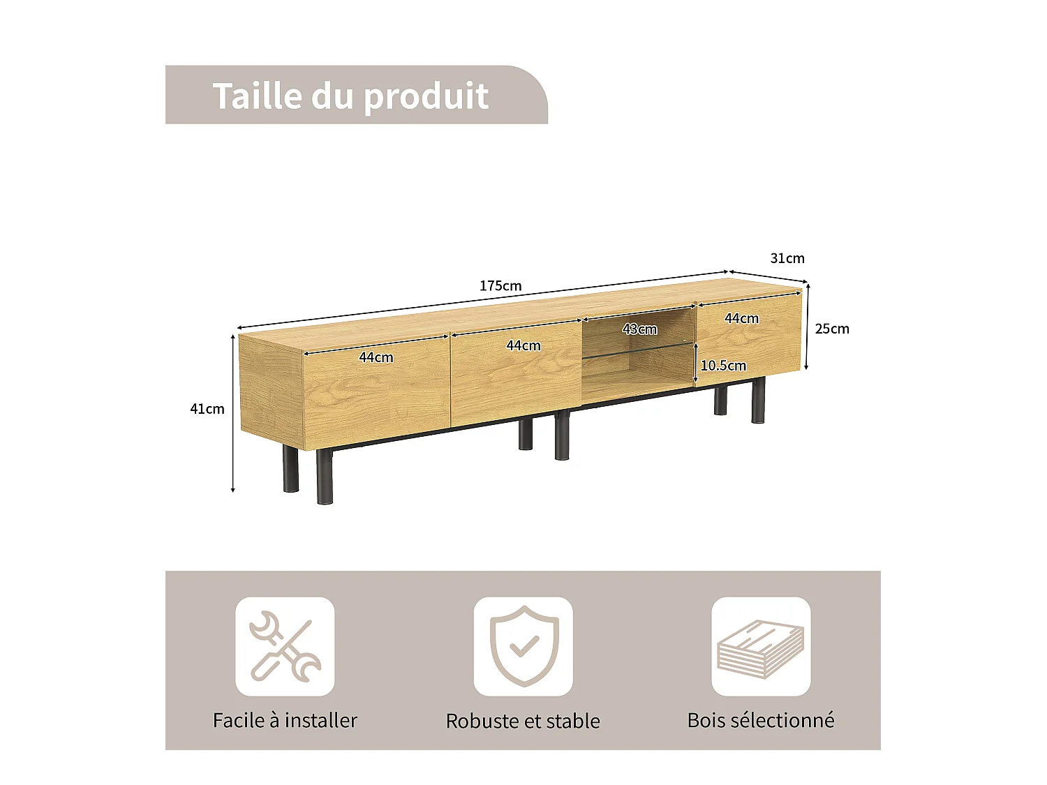 Meuble TV Bois avec LED, avec Portes et Compartiment, pour Salon, Salle à Manger, Chambre,Bois,180cm