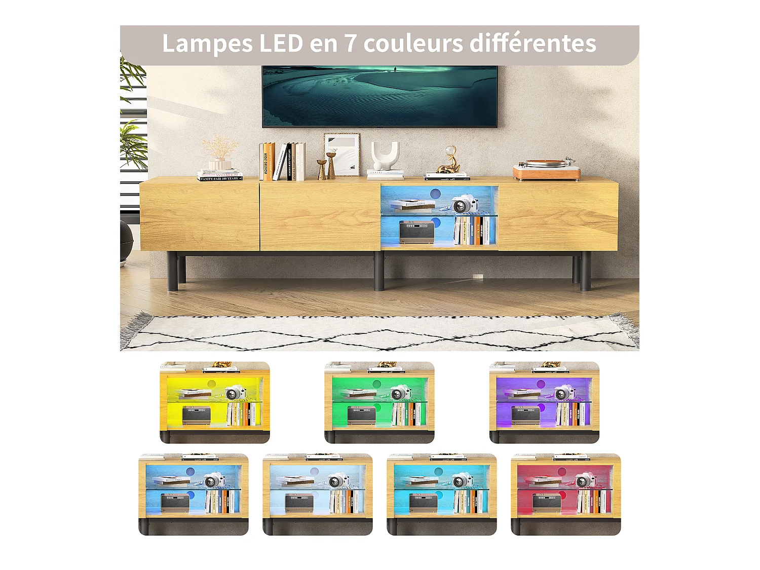 Meuble TV Bois avec LED, avec Portes et Compartiment, pour Salon, Salle à Manger, Chambre,Bois,180cm