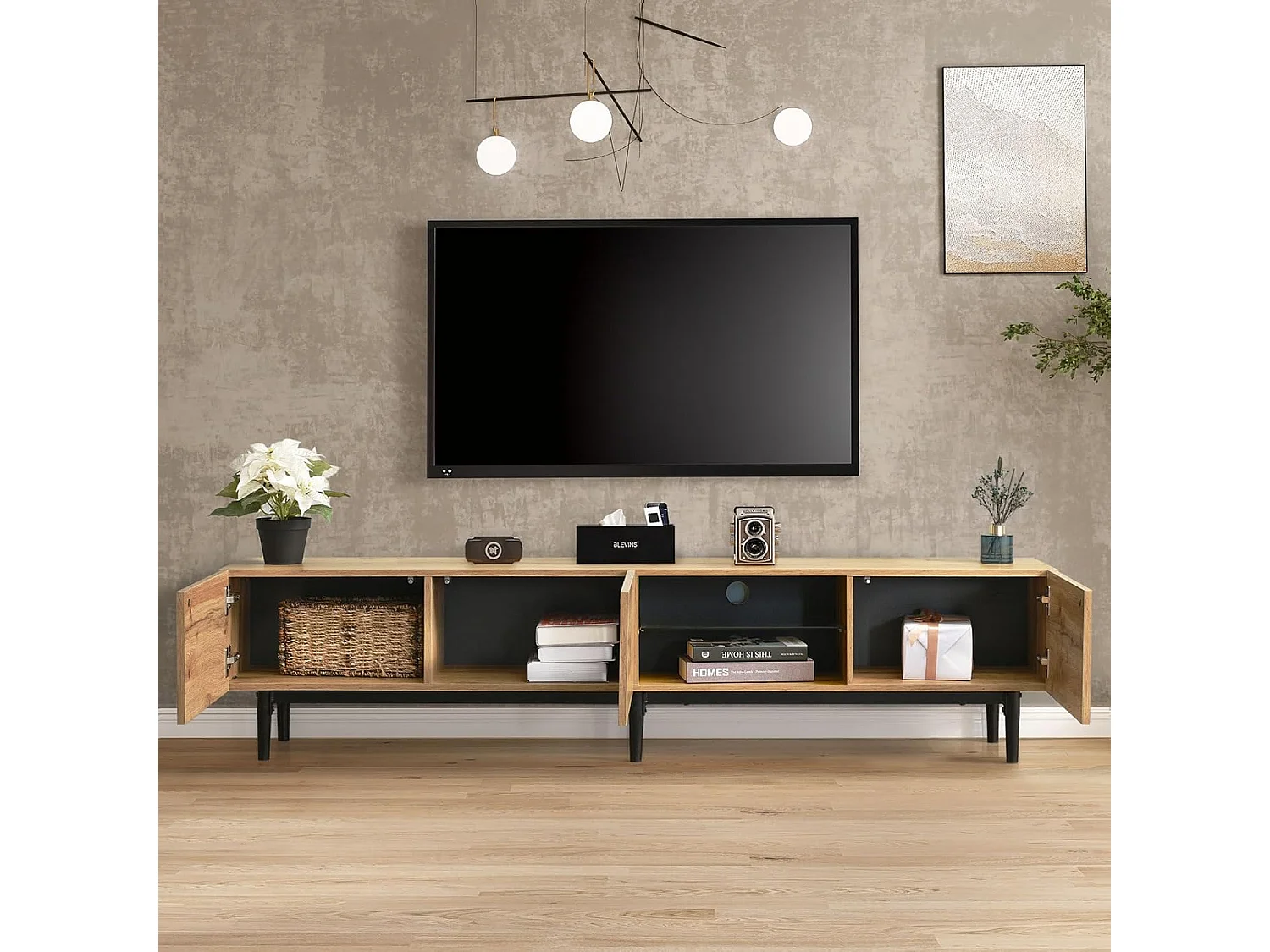 Móvel de TV moderno 175x31x41 cm com LED, Móvel de TV de madeira com portas e compartimento, preto e madeira