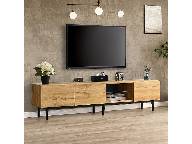 Móvel de TV moderno 175x31x41 cm com LED, Móvel de TV de madeira com portas e compartimento, preto e madeira