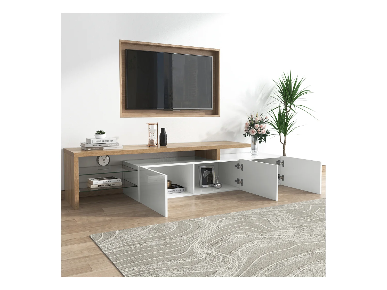 Meuble TV 197 cm avec  LED, 3 Portes et Étagères en Verre,  Meuble Télé Longueur pour Salon, Blanc