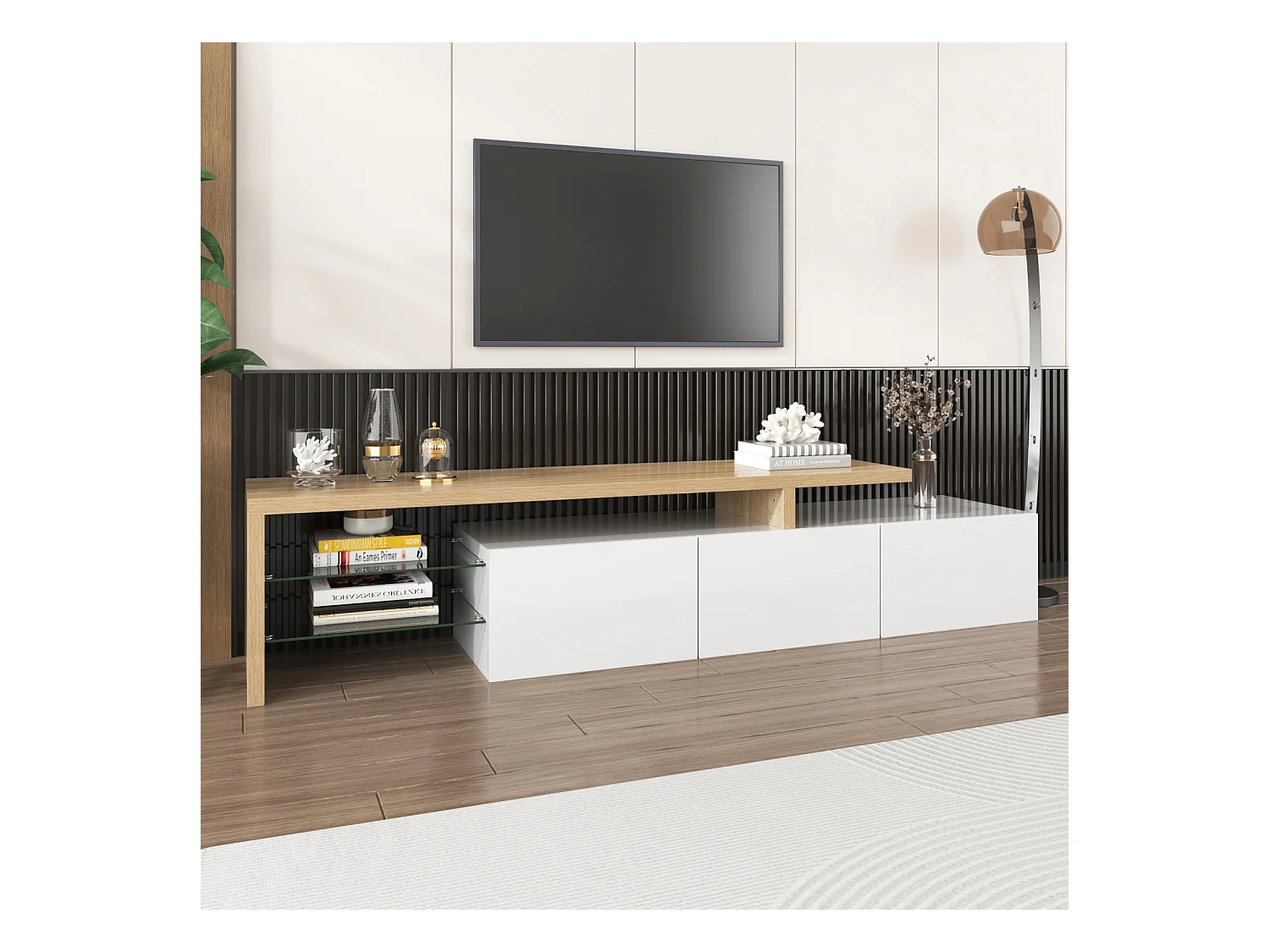 Mueble de TV de 197 cm con LED, 3 puertas y estantes de cristal, mueble de TV largo para salón, color blanco