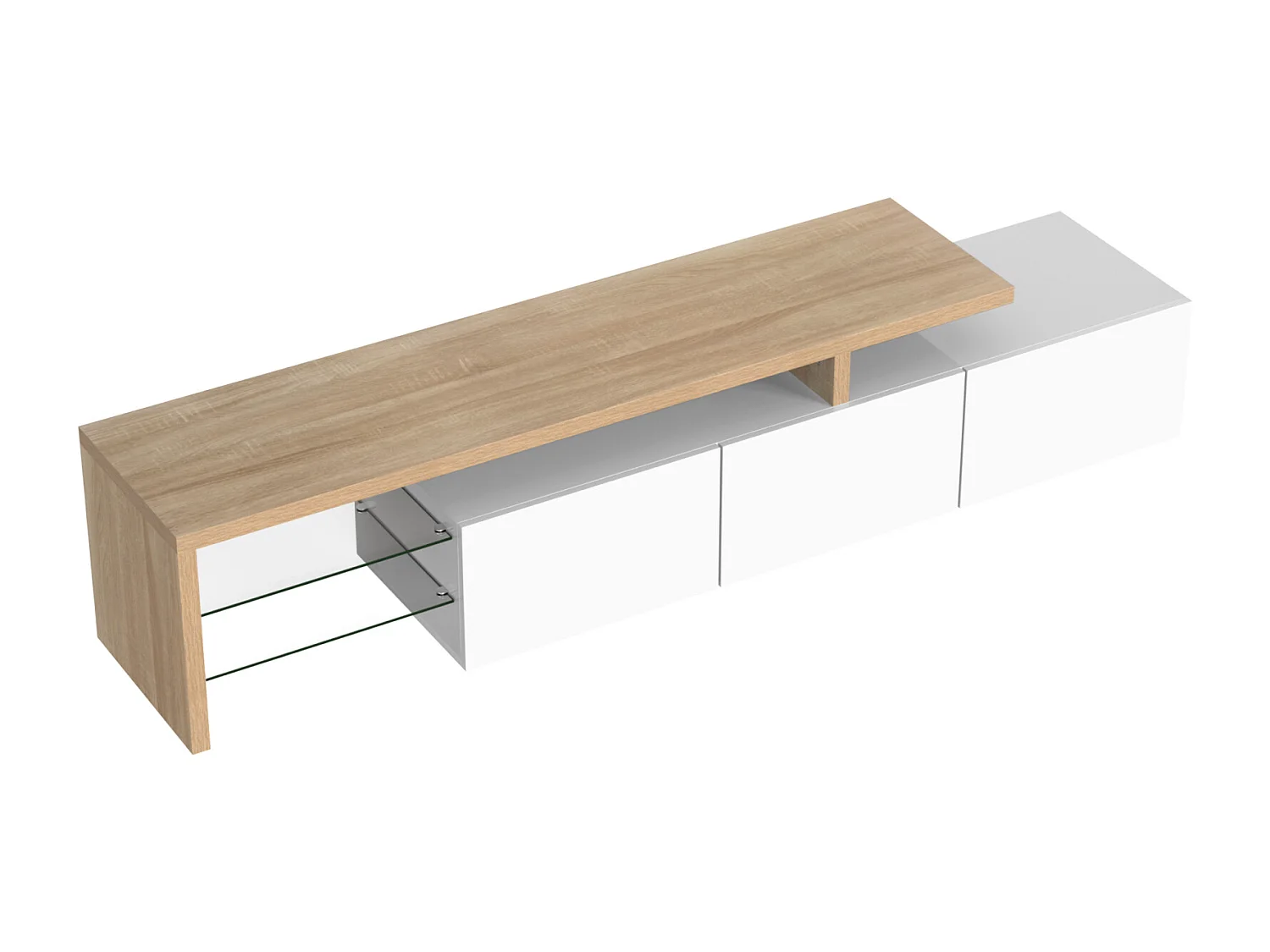 Meuble TV 197 cm avec  LED, 3 Portes et Étagères en Verre,  Meuble Télé Longueur pour Salon, Blanc