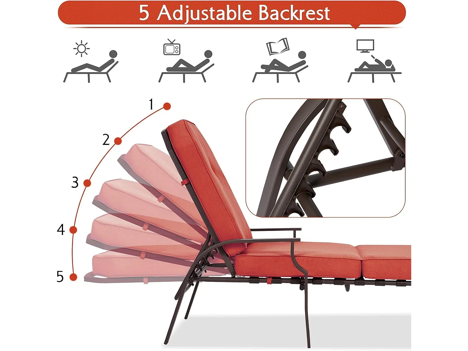 YODOLLA Gartenliege 207x58x43 cm trägt 160 kg, Rattanliege mit Kissen & Armlehne für Pool, Terrasse, Garten, Orange