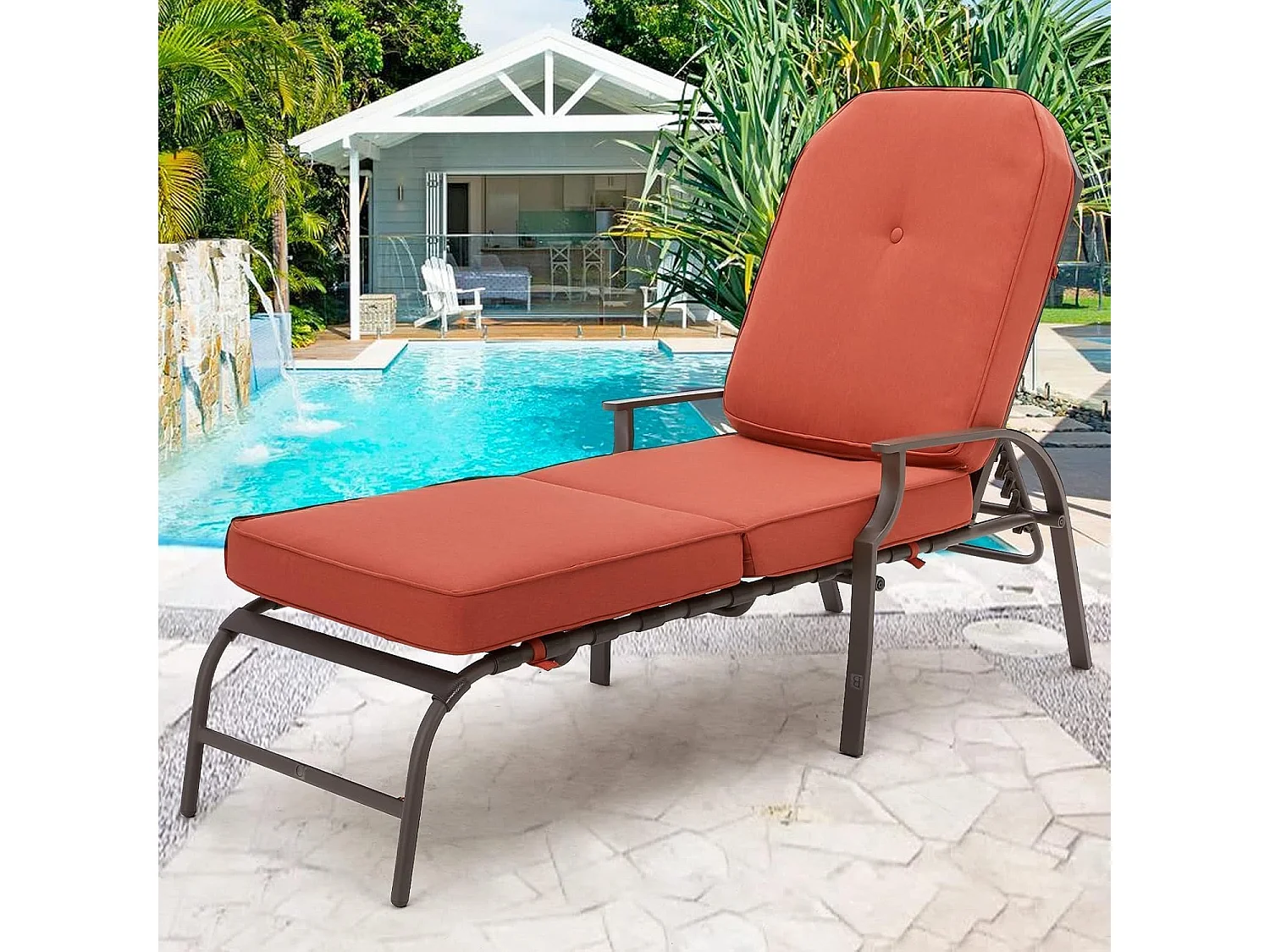 YODOLLA Gartenliege 207x58x43 cm trägt 160 kg, Rattanliege mit Kissen & Armlehne für Pool, Terrasse, Garten, Orange
