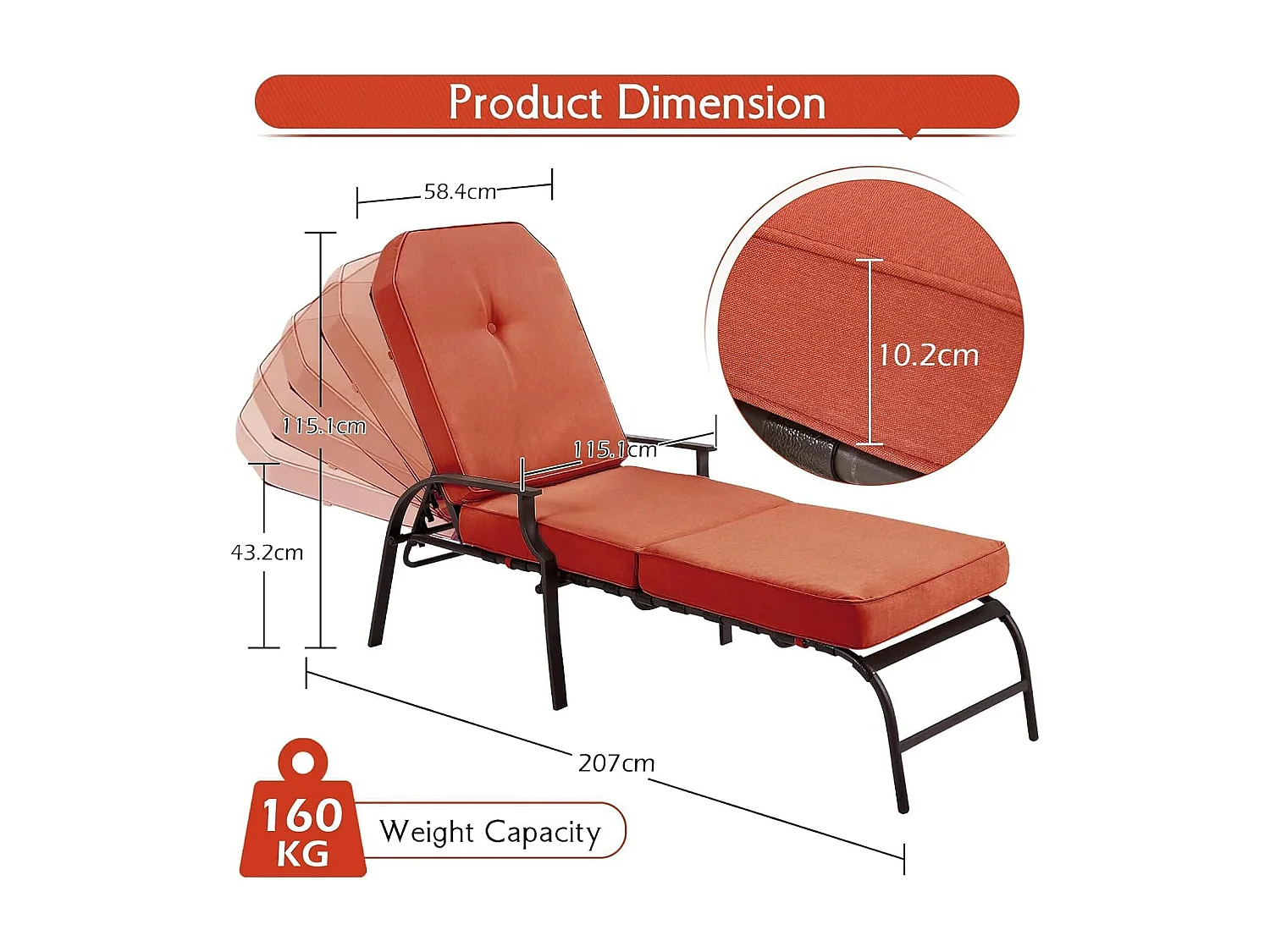 YODOLLA Gartenliege 207x58x43 cm trägt 160 kg, Rattanliege mit Kissen & Armlehne für Pool, Terrasse, Garten, Orange