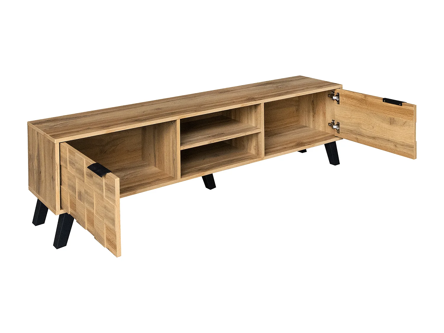 Meuble TV en Bois, Meuble TV avec 2 Portes et 2 Compartiments, Design Tissé, 160 x35.5x45cm, Brun