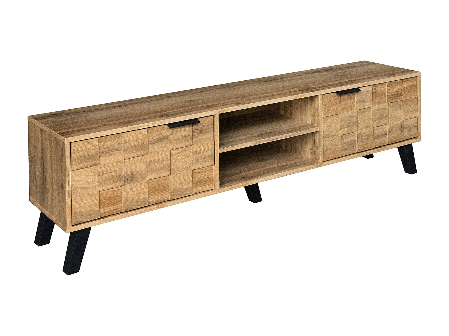 Meuble TV en Bois, Meuble TV avec 2 Portes et 2 Compartiments, Design Tissé, 160 x35.5x45cm, Brun
