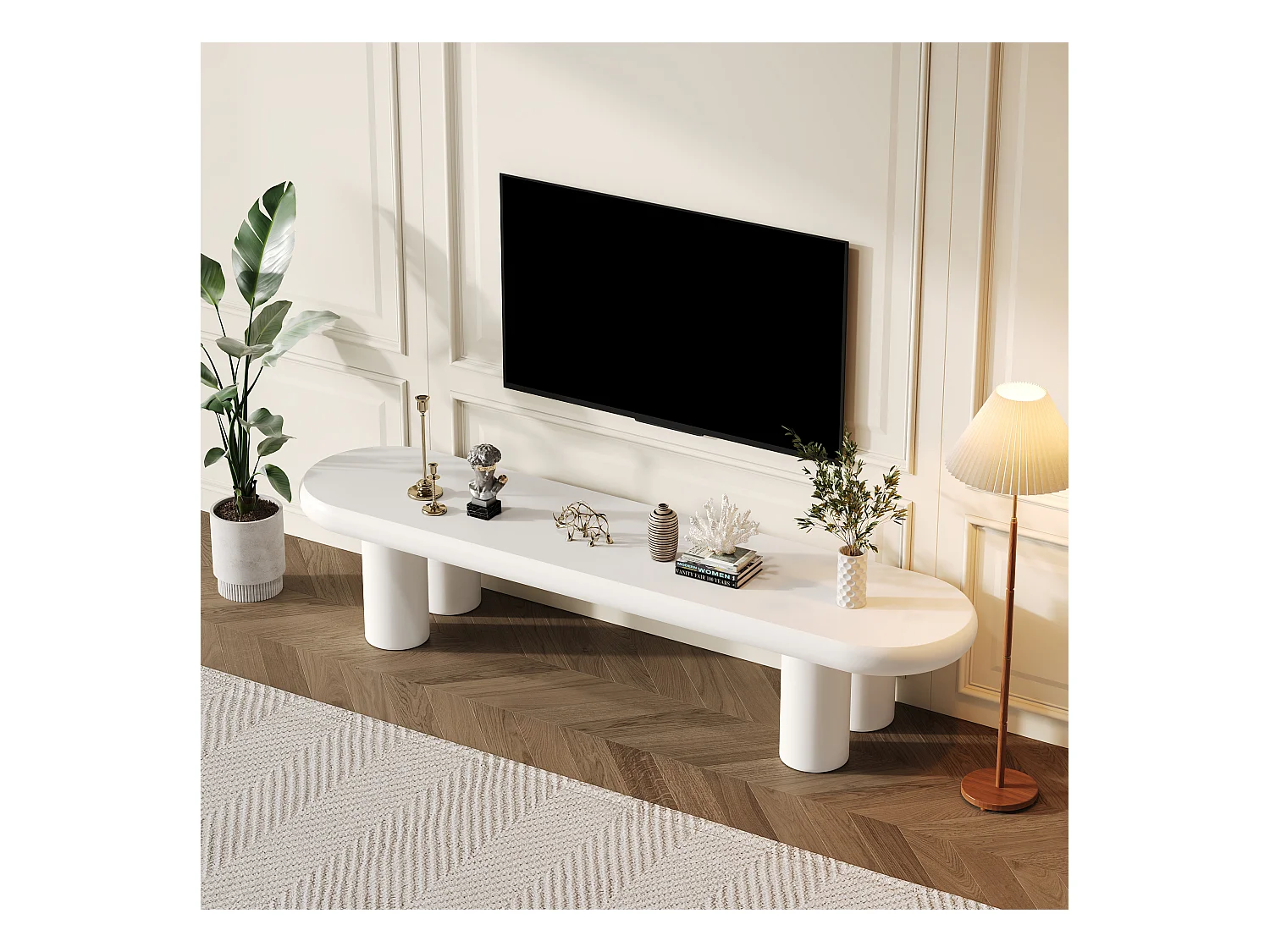 Meuble TV Moderne 160x40x40 cm,Blanc Minimaliste TV Table Aves 4 Pieds Stables pour Salon/Chambre