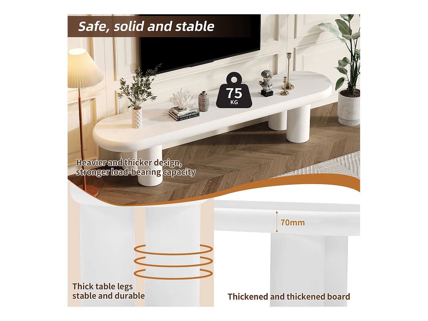 Meuble TV Moderne 160x40x40 cm,Blanc Minimaliste TV Table Aves 4 Pieds Stables pour Salon/Chambre