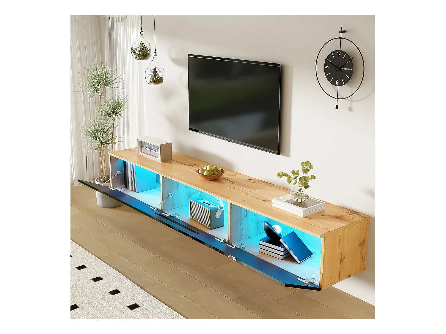 Meuble TV avec 3 Portes et LED, Meuble de Salon Mural Meuble TV en Bois, 180cm, Noir + Couleur Bois