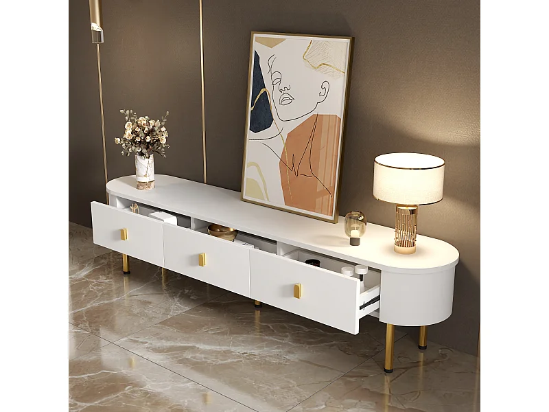 Móvel de TV baixo 174 X 35 X 41cm com três gavetas, puxadores dourados e cantos curvos, branco