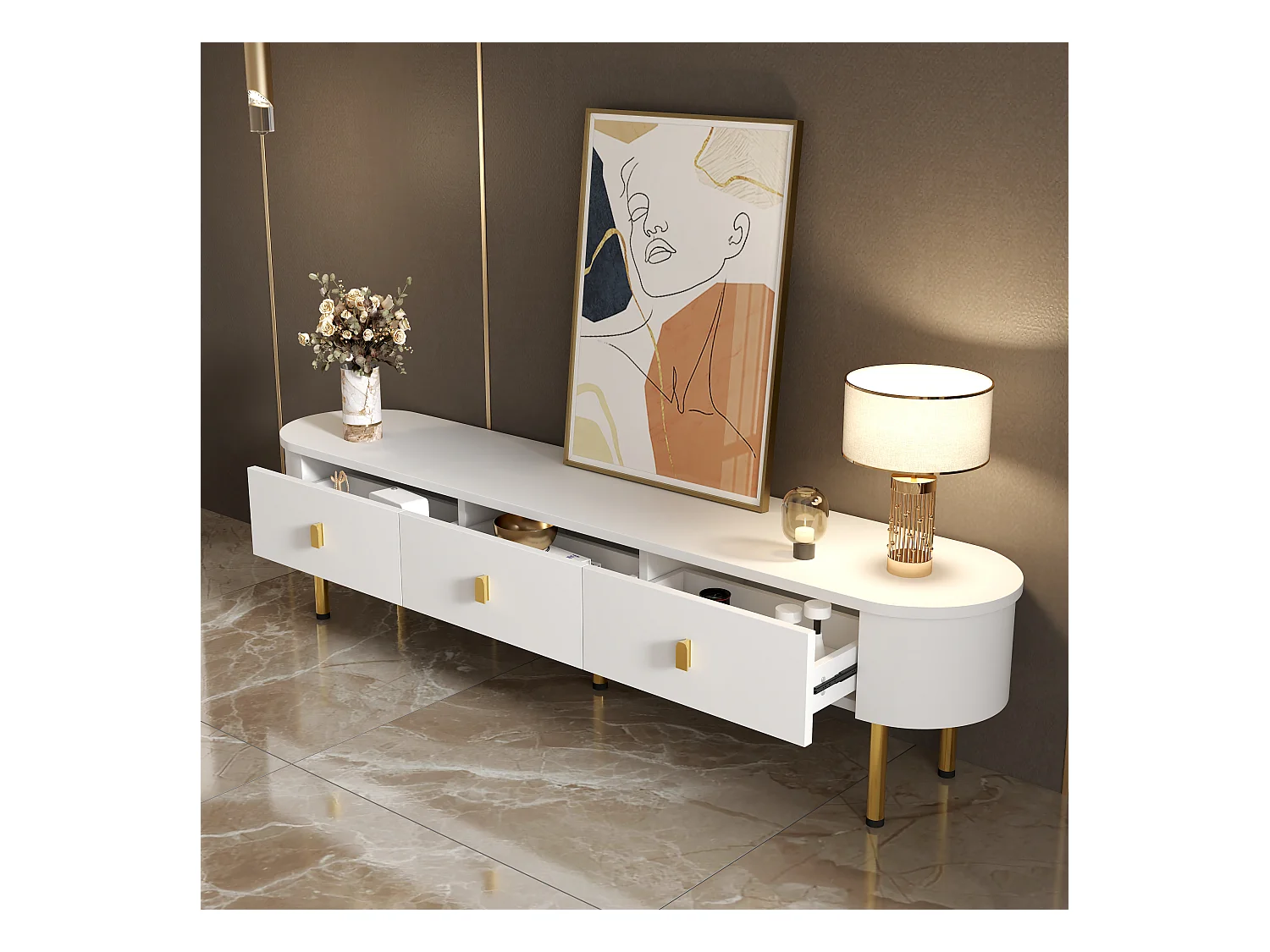 Meuble TV Bas, Plateau de Table Incurvé, Tiroirs, Pieds Dorés, Meuble TV de Salon, 174x35x41cm,Blanc