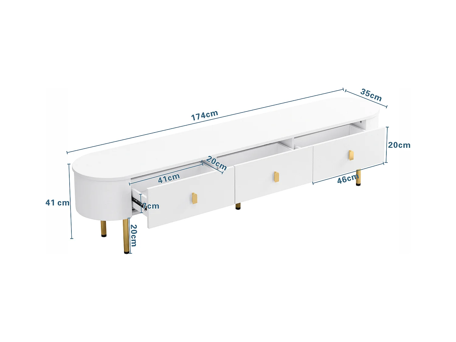 Meuble TV Bas, Plateau de Table Incurvé, Tiroirs, Pieds Dorés, Meuble TV de Salon, 174x35x41cm,Blanc