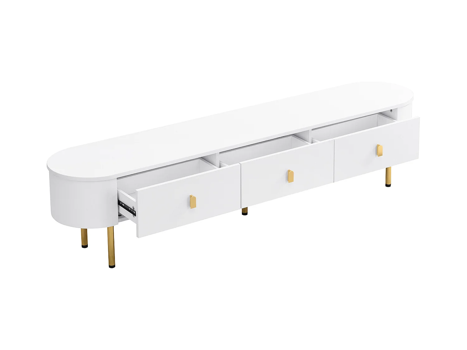 Meuble TV Bas, Plateau de Table Incurvé, Tiroirs, Pieds Dorés, Meuble TV de Salon, 174x35x41cm,Blanc