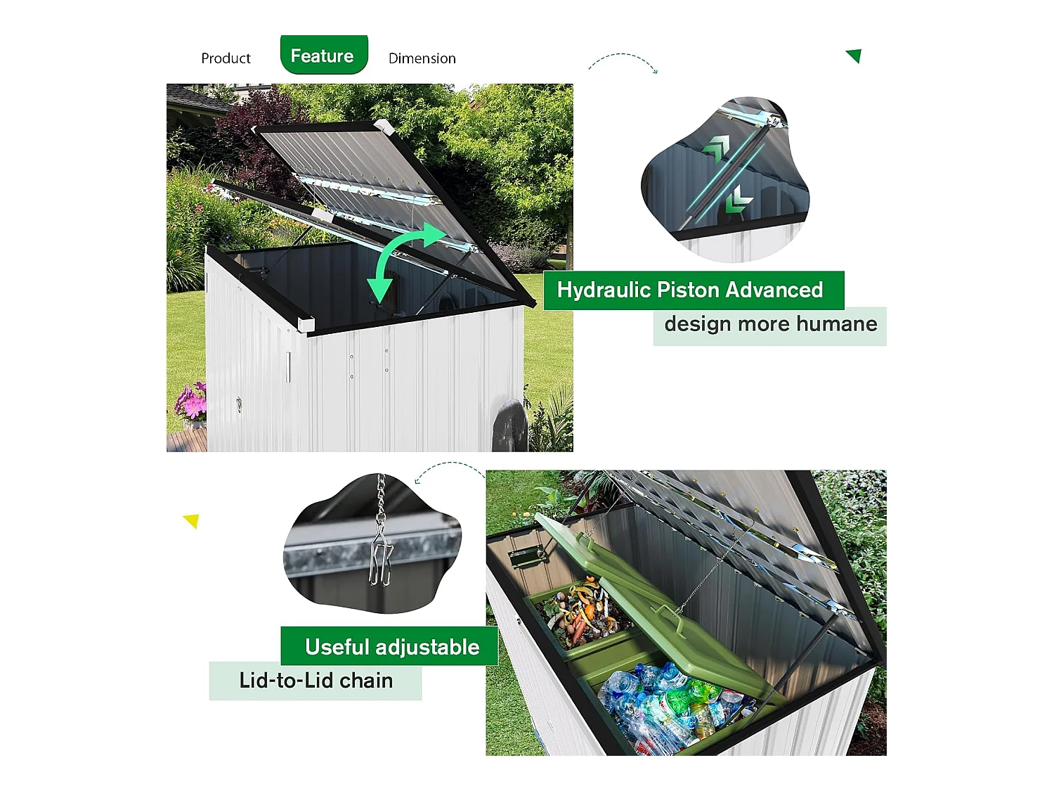 YODOLLA Outdoor Mülltonnenbox mit Gasdruckfeder, Wetterfest Gerätehaus Abschließbar für den Außenbereich, 150,6 x 80 x 117,6cm, 1300L (Weiß)