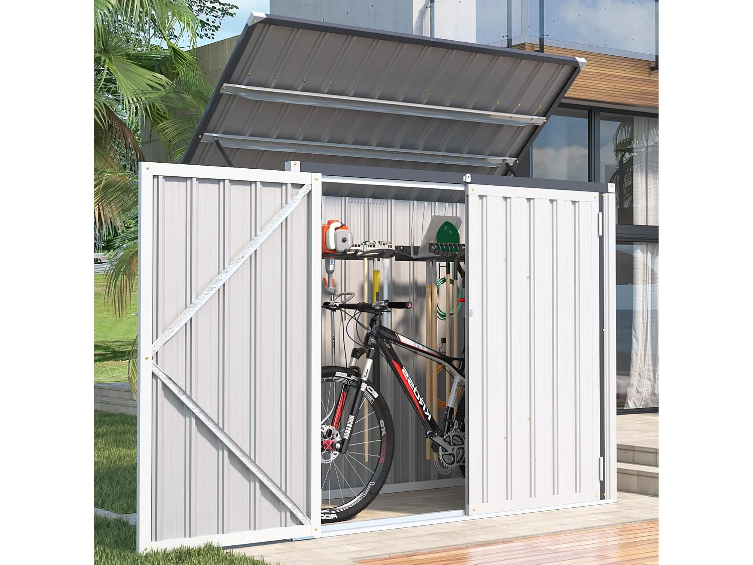 YODOLLA Outdoor Mülltonnenbox mit Gasdruckfeder, Wetterfest Gerätehaus Abschließbar für den Außenbereich, 150,6 x 80 x 117,6cm, 1300L (Weiß)