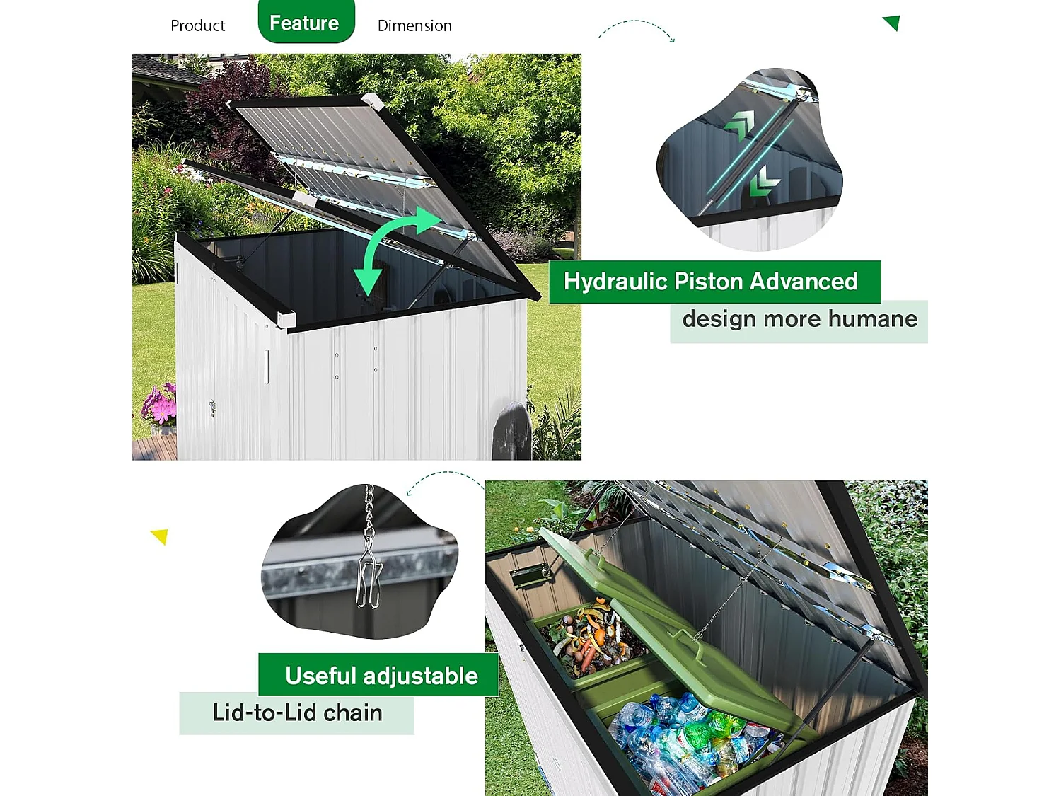 YODOLLA Caja de cubos de basura exterior con resorte de gas, Refugio de equipos resistente al clima y cerrado para el exterior, 150,6 x 80 x 117,6cm, 1300L (Blanco)