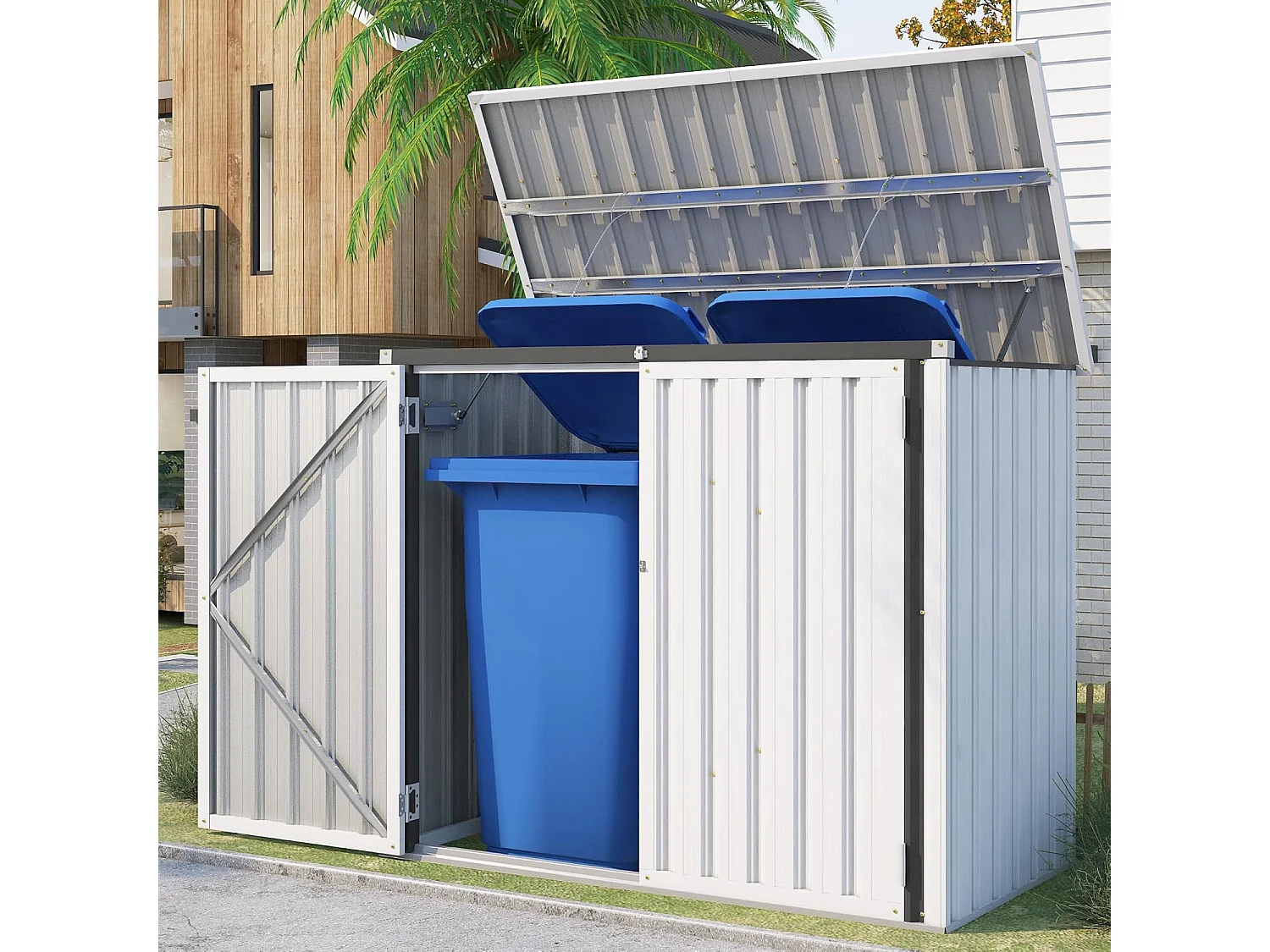 YODOLLA Caja de cubos de basura exterior con resorte de gas, Refugio de equipos resistente al clima y cerrado para el exterior, 150,6 x 80 x 117,6cm, 1300L (Blanco)