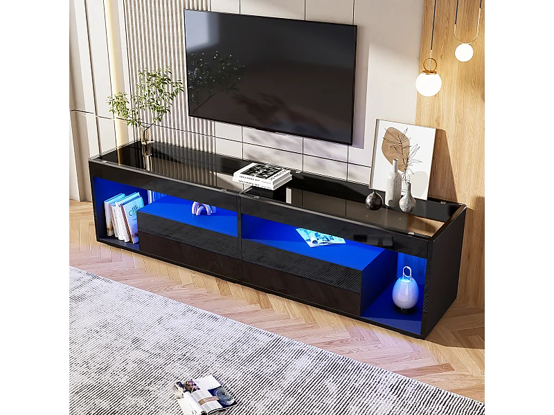Mueble de TV con LED - Negro brillante - Mueble de TV con 2 cajones - Tapa de cristal - para salón