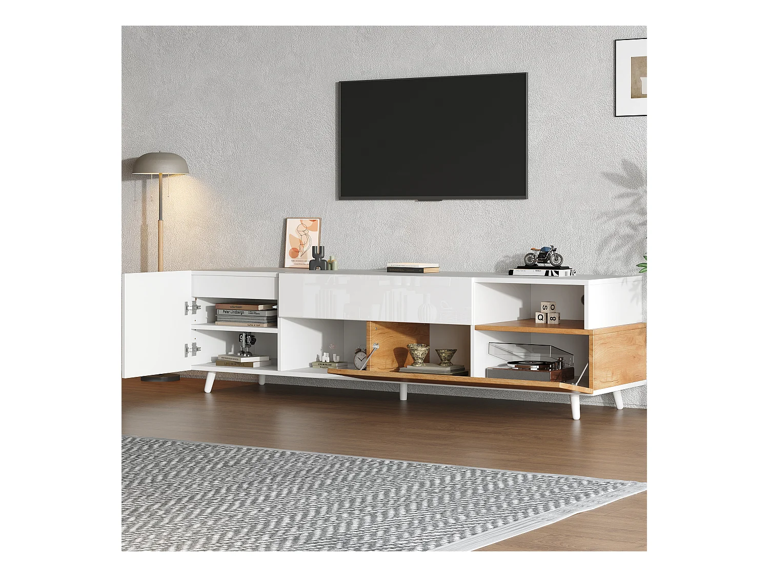 Meuble TV bas brillant avec 2 portes, 1 tiroir, pour salle à manger, salon, 180 cm, blanc et bois