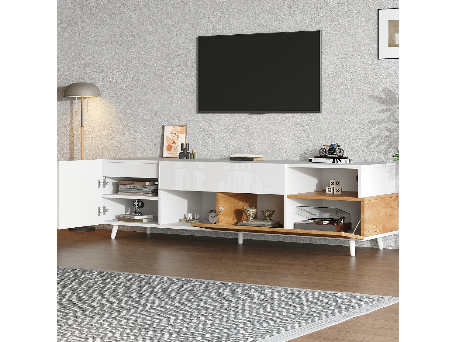 Meuble TV bas brillant avec 2 portes, 1 tiroir, pour salle à manger, salon, 180 cm, blanc et bois
