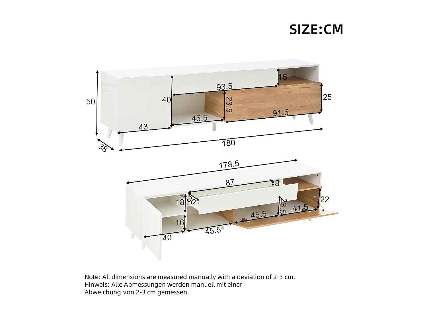 Meuble TV bas brillant avec 2 portes, 1 tiroir, pour salle à manger, salon, 180 cm, blanc et bois