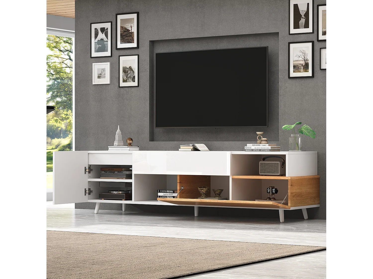 Meuble TV bas brillant avec 2 portes, 1 tiroir, pour salle à manger, salon, 180 cm, blanc et bois