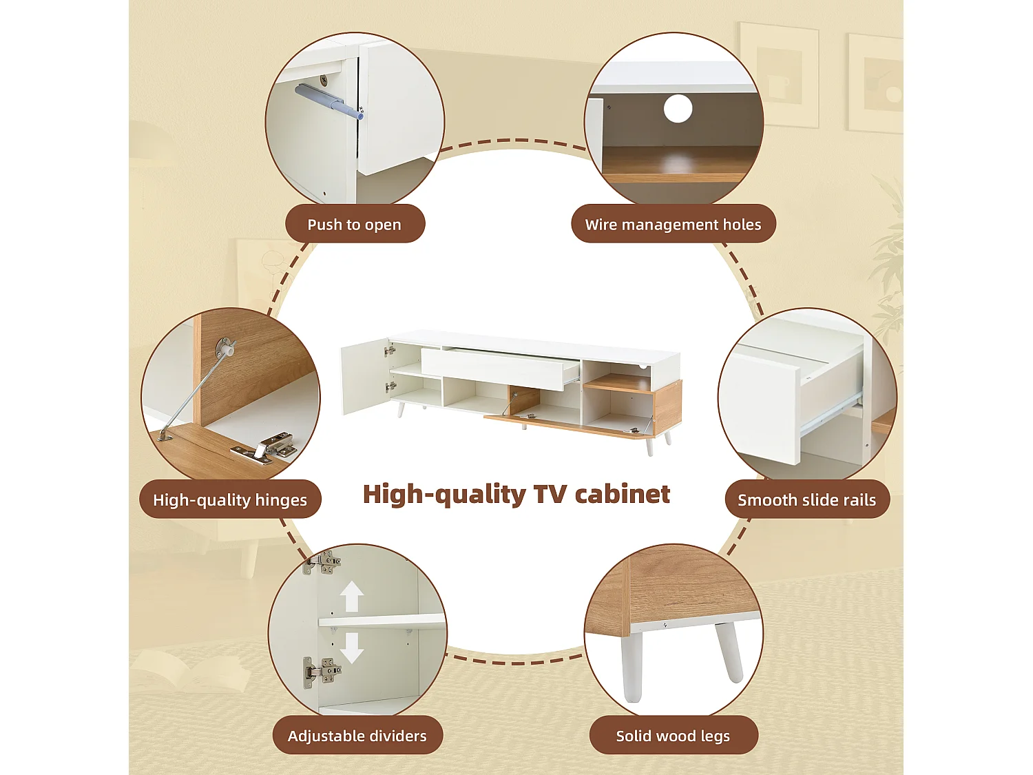 Meuble TV bas brillant avec 2 portes, 1 tiroir, pour salle à manger, salon, 180 cm, blanc et bois