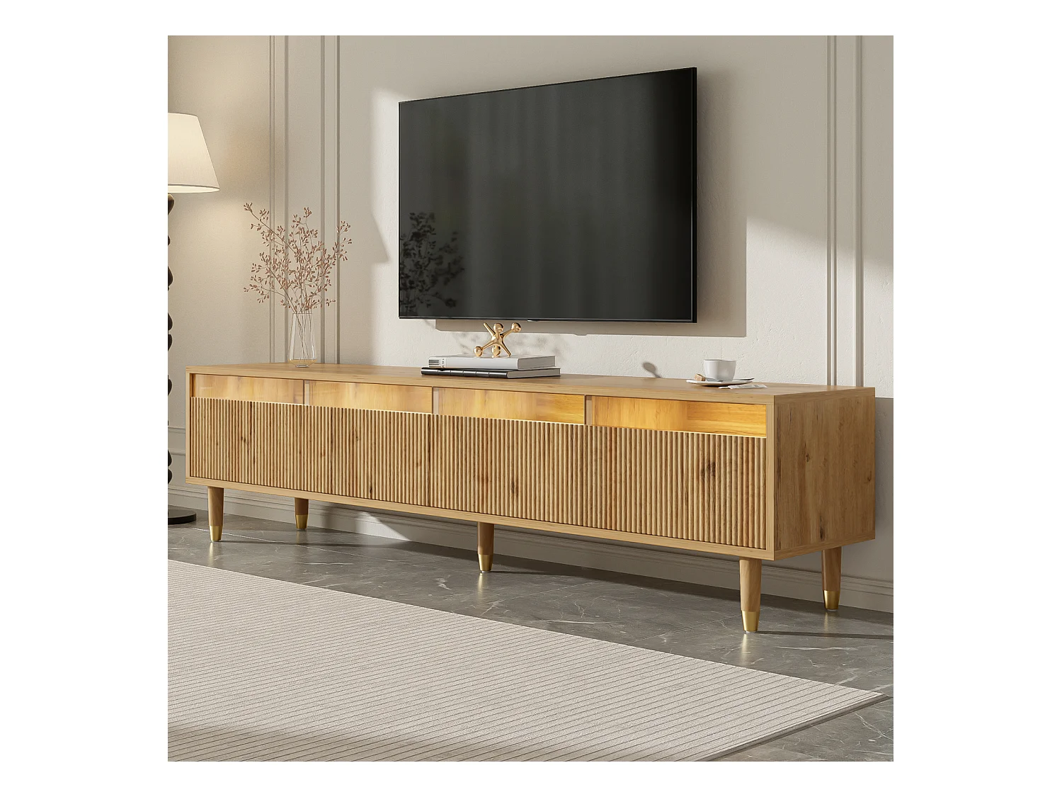 Suporte de TV moderno com aparência de madeira 178 cm – Design minimalista, grande armazenamento, 4 gavetas, madeira