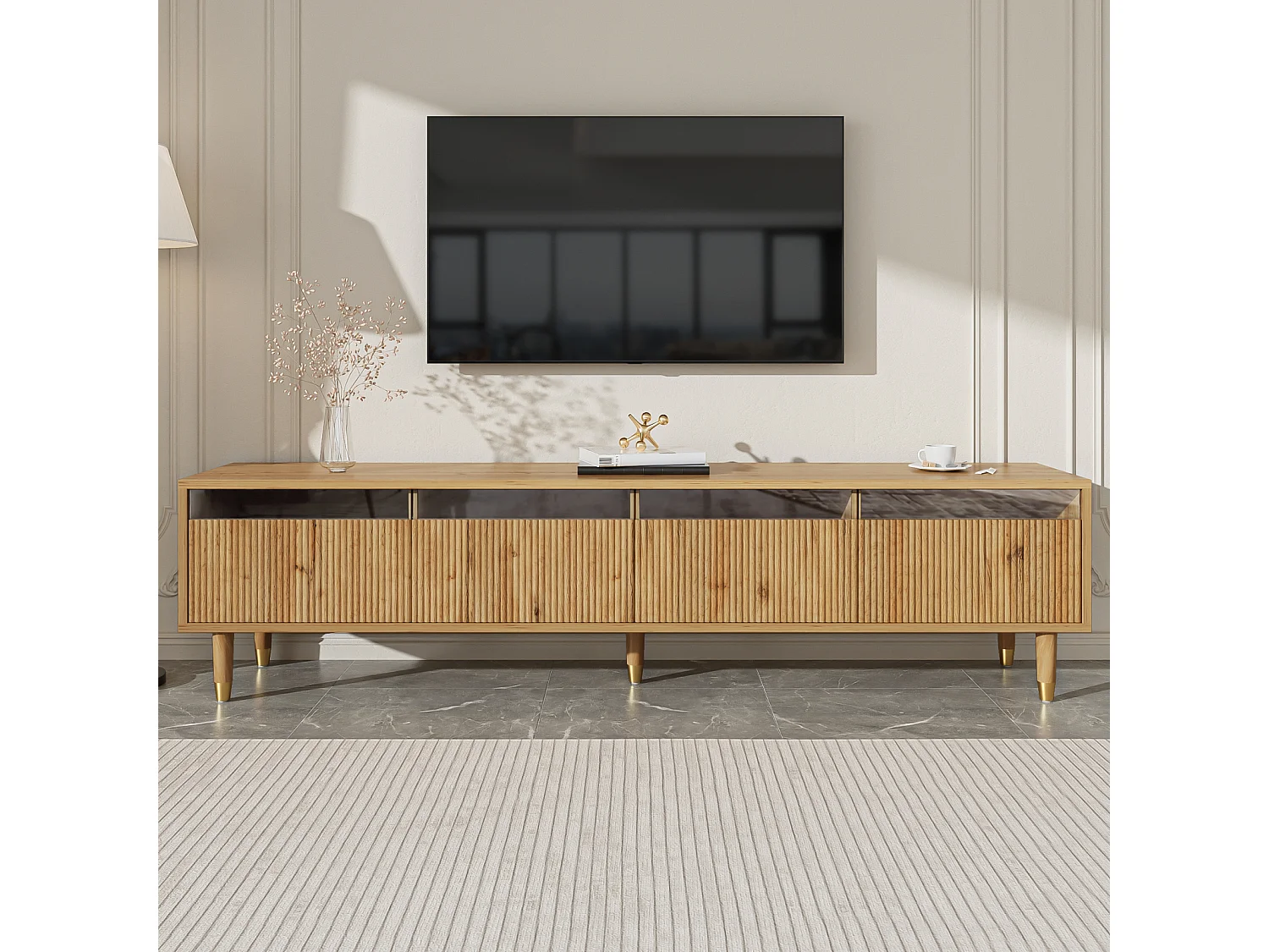 Suporte de TV moderno com aparência de madeira 178 cm – Design minimalista, grande armazenamento, 4 gavetas, madeira